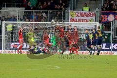 1. BL - Saison 2016/2017 - FC Ingolstadt 04 - RB Leipzig - Marcel Tisserand (#32 FCI) köpft den Ball aus der Gefahrenzone - Florent Hardergjonaj (#33 FCI) Marvin Matip (#34 FCI) Q. Nyland (#1 FCI) Anthony Jung (#3 FCI) Mathew Leckie (#7 FCI) - Foto: Ralf 