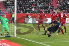 1. BL - Saison 2016/2017 - FC Ingolstadt 04 - RB-Leipzig - Florent Hadergjonaj (#33 FCI) - Martin Hansen Torwart(#35 FCI) - Parade - Foto: Meyer Jürgen