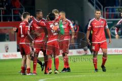 1. BL - Saison 2016/2017 - FC Ingolstadt 04 - RB Leipzig - Almog Cohen (#36 FCI) Roger de Oliveira Bernardo (#8 FCI) Q. Nyland (#1 FCI) Mathew Leckie (#7 FCI) Marvin Matip (#34 FCI) jubeln nach dem Schlusspfiff über den Heimsieg gegen RB Leipzig - Foto: R