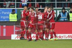 1. BL - Saison 2016/2017 - FC Ingolstadt 04 - RB-Leipzig - Roger de Oliveira Bernardo (#8 FCI) beim Kopfball zum 1:0 Treffer - Tor - Jubel - Marvin Matip (#34 FCI) - Florent Hadergjonaj (#33 FCI) - Mathew Leckie (#7 FCI) - Almog Cohen (#36 FCI) - Anthony 