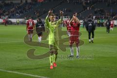 DFB - Pokalspiel - Eintracht Frankfurt - FC Ingolstadt 04 - Die Mannschaft bedankt sich bei den mitgereisten Fans - Martin Hansen (#35 FCI) - Tobias Levels (#28 FCI) - Foto: Meyer Jürgen