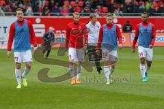 2. BL - Saison 2017/2018 - FC Heidenheim - FC Ingolstadt 04 - Tobias Schröck (#21 FCI) - Moritz Hartmann (#9 FCI) - Marcel Gaus (#19 FCI) - Marvin Matip (#34 FCI) beim warm machen - Foto: Meyer Jürgen