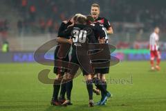 2. Bundesliga - 1. FC Union Berlin - FC Ingolstadt 04 - Tor Ausgleich Jubel durch Robert Leipertz (13, FCI) Thomas Pledl (30, FCI) Marcel Gaus (19, FCI) Hauke Wahl (25, FCI) hinten