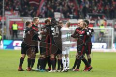 2. Bundesliga - Fußball - FC Ingolstadt 04 - SpVgg Greuther Fürth - Tor Jubel 2:0 Alfredo Morales (6, FCI) mit Marvin Matip (34, FCI) Tobias Schröck (21, FCI) Thomas Pledl (30, FCI) Patrick Ebert (7, FCI) und Uffe Manich Bech (11 Fürth) will den Ball