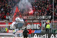 2. BL - Saison 2017/2018 - FC Ingolstadt 04 - Fortuna Düsseldorf - Fankurve - Südkurve - Fans - Banner - Spruchband - Choreo - Fahnen - Bengalo - Foto: Meyer Jürgen