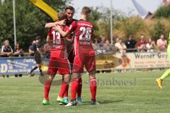 2. Bundesliga - Fußball - Testspiel - FC Ingolstadt 04 - SV Wehen Wiesbaden - rechts Robert Leipertz (13, FCI) köpft den Abpraller ins Tor, Torwart Markus Kolke /WW) chancenlos, Jubel mit Stefan Kutschke (20, FCI) Phil Neumann (26, FCI)