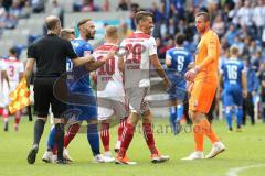 2. Bundesliga - Fußball - 1. FC Magdeburg - FC Ingolstadt 04 - Halbzeitpause, Stefan Kutschke (20, FCI) wird von Fans beschimpft, Zunge raus, Christopher Handke (3 Magdeburg) Torwart Jan Glinker (1 Magdeburg)