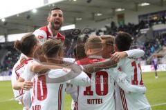 2. Bundesliga - FC Erzgebirge Aue - FC Ingolstadt 04 - Malcolm Cacutalua (Aue 21) macht Eigentor zum 0:3, Jubel Darío Lezcano (11, FCI), Björn Paulsen (4, FCI) Thomas Pledl (30, FCI) Sonny Kittel (10, FCI) oben Mergim Mavraj (15, FCI)