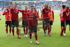 2. Bundesliga - MSV Duisburg - FC Ingolstadt 04 - Spiel ist aus, FCI Sieg 2:4, Jubel bei den Fans, Darío Lezcano (11, FCI) Stefan Kutschke (20, FCI) Konstantin Kerschbaumer (7, FCI) Björn Paulsen (4, FCI)