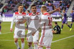 2. Bundesliga - FC Erzgebirge Aue - FC Ingolstadt 04 - Malcolm Cacutalua (Aue 21) macht Eigentor zum 0:3, Torwart Männel Martin (Aue 1) am Boden, Jubel Darío Lezcano (11, FCI), mit Konstantin Kerschbaumer (7, FCI) Sonny Kittel (10, FCI)