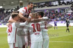 2. Bundesliga - FC Erzgebirge Aue - FC Ingolstadt 04 - Malcolm Cacutalua (Aue 21) macht Eigentor zum 0:3, Jubel Darío Lezcano (11, FCI), Björn Paulsen (4, FCI) Thomas Pledl (30, FCI) Sonny Kittel (10, FCI) oben Mergim Mavraj (15, FCI)