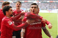 2. Bundesliga - MSV Duisburg - FC Ingolstadt 04 - Elfmeter, Darío Lezcano (11, FCI) Tor zum 1:2, Torwart Felix Wiedwald (30 Duisburg) , Jubel, Almog Cohen (8, FCI) Marcel Gaus (19, FCI) Phil Neumann (26, FCI)