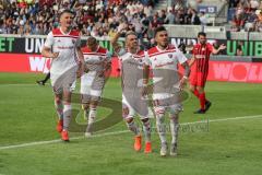 2. Bundesliga - Fußball - SV Wehen Wiesbaden - FC Ingolstadt 04 - Darío Lezcano (11, FCI), Elfmeter, Schuß, Tor 0:2, Jubel mit Thomas Pledl (30, FCI) Sonny Kittel (10, FCI) Stefan Kutschke (20, FCI)