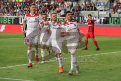 2. Bundesliga - Fußball - SV Wehen Wiesbaden - FC Ingolstadt 04 - Darío Lezcano (11, FCI), Elfmeter, Schuß, Tor 0:2, Jubel mit Thomas Pledl (30, FCI) Sonny Kittel (10, FCI) Stefan Kutschke (20, FCI)