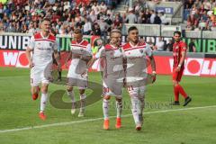 2. Bundesliga - Fußball - SV Wehen Wiesbaden - FC Ingolstadt 04 - Darío Lezcano (11, FCI), Elfmeter, Schuß, Tor 0:2, Jubel mit Thomas Pledl (30, FCI) Sonny Kittel (10, FCI) Stefan Kutschke (20, FCI)