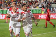 2. Bundesliga - Fußball - SV Wehen Wiesbaden - FC Ingolstadt 04 - Darío Lezcano (11, FCI), Elfmeter, Schuß, Tor 0:2, Jubel mit Thomas Pledl (30, FCI) Stefan Kutschke (20, FCI)