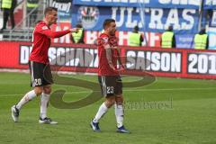 2. BL - Saison 2018/2019 - FC Ingolstadt 04 - DSC Arminia Bielefeld - Stefan Kutschke (#20 FCI) und Robin Krausse (#23 FCI) mit der Entscheidung des Linienrichter nicht zufrieden - Foto: Meyer Jürgen