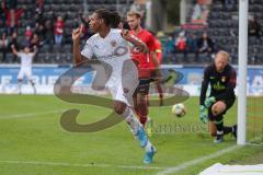 3. Liga - Fußball - SG Sonnenhof Großaspach - FC Ingolstadt 04 - Tor Jubel zum 1:5, Caniggia Ginola Elva (14, FCI), Torwart Maximilian Reule (1 SG) am Boden, hinten Korbinian Burger (4 SG)