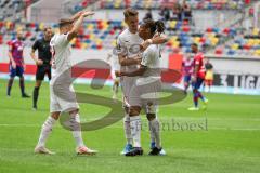 3. Liga - Fußball - KFC Uerdingen - FC Ingolstadt 04 - Tor Jubel 0.1 durch Caniggia Ginola Elva (14, FCI), Salto, mit Stefan Kutschke (30, FCI) Patrick Sussek (37, FCI)