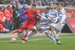 3. Fußball-Liga - Saison 2019/2020 - MSV Duisburg - FC Ingolstadt 04 - Stefan Kutschke (#30,FCI)  - Yassin Ben Balla (#28 Duisburg) - Foto: Meyer Jürgen