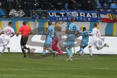 3. Fußball-Liga - Saison 2019/2020 - SV Waldhof Mannheim - FC Ingolstadt 04 - Kevin Koffi (#30 Mannheim) - Torwart Fabijan Buntic (#24,FCI)  - Nico Antonitsch (#5,FCI)  - Tobias Schröck (#21,FCI)  - Foto: Stefan Bösl