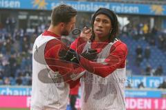 3. Fußball-Liga - Saison 2019/2020 - MSV Duisburg - FC Ingolstadt 04 - Die Spieler verlassen nach dem warm machen das Spielfeld - Robin Krausse (#23,FCI)  - Ganiggia Ginola Elva (#14,FCI)  - Foto: Meyer Jürgen