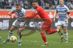 3. Fußball-Liga - Saison 2019/2020 - MSV Duisburg - FC Ingolstadt 04 - Fatih Kaya (#9,FCI)  - Joshua Bitter (#23 Duisburg) -  - Foto: Meyer Jürgen