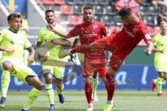 Im Bild: Fatih Kaya (#9 FCI) schaut gespannt wie Maximilian Wolfram (#8 FCI) den Baöll per Seitfallzieher auf das Tor schießt - Bitter Joshua (#23 MSV Duisburg) und Albutat Tim (#14 MSV Duisburg) kommen zu spät

Fussball - 3. Bundesliga - Ingolstadt - S