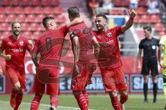 Im Bild: Tor durch Stefan Kutschke (#30 FCI) jubel mit Fatih Kaya (#9 FCI) Maximilian Wolfram (#8 FCI) Maximilian Beister (#10 FCI)

Fussball - 3. Bundesliga - Ingolstadt - Saison 2019/2020 - FC Ingolstadt 04 - MSV Duisburg - 27.07.2019 -  Foto: Ralf Lü