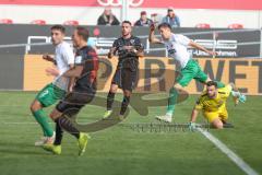 3. Fußball-Liga - Saison 2019/2020 - FC Ingolstadt 04 -  Preußen Münster - Fatih Kaya (#9,FCI)  - Oliver Schnitzler Torwart (#1 Preußen Münster) - Marcel Gaus (#19,FCI)  - Foto: Meyer Jürgen