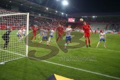 3. Fußball-Liga - Saison 2019/2020 - FC Ingolstadt 04 - Hansa Rostock - Marcel Gaus (#19,FCI)  beim Kopfball - Markus Kolke Torwart (#1 Rostock) - Foto: Meyer Jürgen