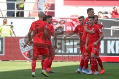 3. Fußball-Liga - Saison 2019/2020 - FC Ingolstadt 04 - Hallescher FC - Der Anschlusstreffer durch Beister Maximilian (#10,FCI) - jubel - Stefan Kutschke (#30,FCI)  - Dennis Eckert Ayensa (#7,FCI)  - Foto: Meyer Jürgen