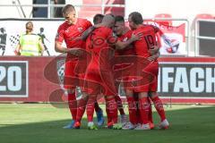 3. Fußball-Liga - Saison 2019/2020 - FC Ingolstadt 04 - Hallescher FC - Der Anschlusstreffer durch Beister Maximilian (#10,FCI) - jubel - Stefan Kutschke (#30,FCI)  - Dennis Eckert Ayensa (#7,FCI)  - Foto: Meyer Jürgen