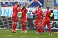 3. Fußball-Liga - Saison 2019/2020 - FC Ingolstadt 04 - Carl Zeiss Jena - Der 2:0 Führungstreffer durch Thomas Keller (#27,FCI) - Nico Antonitsch (#5,FCI)  -Robin Krausse (#23,FCI) - Jubel - Michael Heinloth (#17,FCI)  - Foto: Meyer Jürgen