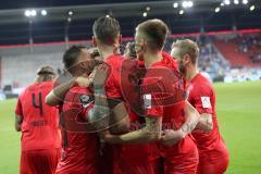 3. Liga - Fußball - FC Ingolstadt 04 - Hansa Rostock - Stefan Kutschke (30, FCI) vor dem Elfmeter, Schuß Tor Jubel mit Robin Krauße (23, FCI) Filip Bilbija (35, FCI) Maximilian Beister (10, FCI)