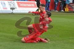 3. Fußball-Liga - Saison 2019/2020 - FC Ingolstadt 04 - 1.FC Kaiserslautern - Thomas Keller (#27,FCI)  mit dem 2:1 Führungstreffer - Jubel - Fatih Kaya (#9,FCI)  - Foto: Meyer Jürgen