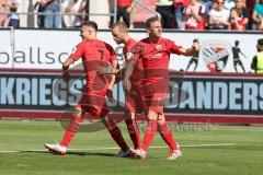 3. Fußball-Liga - Saison 2019/2020 - FC Ingolstadt 04 - Hallescher FC - Der Anschlusstreffer durch Beister Maximilian (#10,FCI) - jubel - Dennis Eckert Ayensa (#7,FCI)  - Marcel Gaus (#19,FCI)  - Foto: Meyer Jürgen