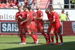 3. Fußball-Liga - Saison 2019/2020 - FC Ingolstadt 04 - Hallescher FC - Der Anschlusstreffer durch Beister Maximilian (#10,FCI) - jubel - Stefan Kutschke (#30,FCI)  - Dennis Eckert Ayensa (#7,FCI)  - Foto: Meyer Jürgen