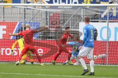 3. Fußball-Liga - Saison 2019/2020 - FC Ingolstadt 04 - Carl Zeiss Jena - Der 2:0 Führungstreffer durch Thomas Keller (#27,FCI)  - Flemming Niemann Torwart (#1 Jena) - Nico Antonitsch (#5,FCI)  - Pierre Fassnacht (#17 Jena) - Jubel - Foto: Meyer Jürgen