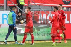 3. Fußball-Liga - Saison 2019/2020 - FC Ingolstadt 04 - Carl Zeiss Jena - Der 3:0 Führungstreffer durch Dennis Eckert Ayensa (#7,FCI) - jubel - Fatih Kaya (#9,FCI)  - Stefan Kutschke (#30,FCI)  - Foto: Meyer Jürgen