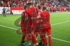 3. Fußball-Liga - Saison 2019/2020 - FC Ingolstadt 04 - Hansa Rostock - Stefan Kutschke (#30,FCI)  trifft per Elfmeter zum 2:2 ausgleich - jubel - Filip Bilbija (#35,FCI)  - Foto: Meyer Jürgen