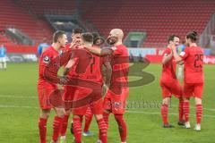 3. Fußball-Liga - Saison 2019/2020 - FC Ingolstadt 04 - Carl Zeiss Jena - Der 4:1 Führungstreffer durch Dennis Eckert Ayensa (#7,FCI) - jubel - Ganiggia Ginola Elva (#14,FCI)  - Nico Antonitsch (#5,FCI)  - Marcel Gaus (#19,FCI)  - Foto: Meyer Jürgen