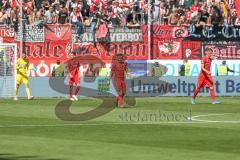 3. Fußball-Liga - Saison 2019/2020 - FC Ingolstadt 04 - Hallescher FC - Der 1:3 Treffer für Halle - enttäuschung - Torwart Fabijan Buntic (#24,FCI)  - Jonatan Kotzke (#25,FCI) - Stefan Kutschke (#30,FCI)  - Robin Krausse (#23,FCI)  - Foto: Meyer Jürgen