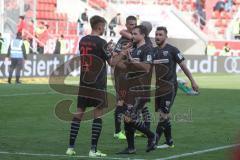 3. Fußball-Liga - Saison 2019/2020 - FC Ingolstadt 04 -  Preußen Münster - Filip Bilbija (#35,FCI)  - Peter Kurzweg (#16,FCI)  - Robin Krausse (#23,FCI)  nach dem Spiel  - Foto: Meyer Jürgen