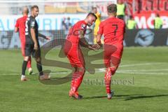 3. Fußball-Liga - Saison 2019/2020 - FC Ingolstadt 04 - Hallescher FC - Dennis Eckert Ayensa (#7,FCI)  schiesst den 2:3 Anschlusstreffer - jubel - Robin Krausse (#23,FCI)  - Foto: Meyer Jürgen