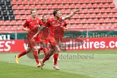 3. Liga - FC Ingolstadt 04 - FC Bayern Amateure - Tor Ausgleich Jubel 1:1 Marcel Gaus (19, FCI) mit Tobias Schröck (21, FCI) Björn Paulsen (4, FCI) Filip Bilbija (35, FCI)