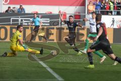 3. Fußball-Liga - Saison 2019/2020 - FC Ingolstadt 04 -  Preußen Münster - Fatih Kaya (#9,FCI)  - Oliver Schnitzler Torwart (#1 Preußen Münster) - Marcel Gaus (#19,FCI)  - Foto: Meyer Jürgen