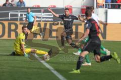 3. Fußball-Liga - Saison 2019/2020 - FC Ingolstadt 04 -  Preußen Münster - Fatih Kaya (#9,FCI)  - Oliver Schnitzler Torwart (#1 Preußen Münster) - Marcel Gaus (#19,FCI)  - Foto: Meyer Jürgen