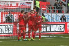 3. Fußball-Liga - Saison 2019/2020 - FC Ingolstadt 04 - FSV Zwickau - Stefan Kutschke (#30,FCI) schiesst per Elfmeter den 3:1 Führungstreffer - jubel - Maximilian Thalhammer (#6,FCI) - Marcel Gaus (#19,FCI)  - Foto: Meyer Jürgen