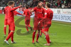 3. Liga - FC Ingolstadt 04 - 1860 München - Marcel Gaus (19, FCI) zieht ab Tor 1:0 Jubel mit Stefan Kutschke (30, FCI) Dennis Eckert Ayensa (7, FCI) Maximilian Beister (10, FCI) Thomas Keller (27, FCI) Maximilian Thalhammer (6, FCI) Tobias Schröck (21, FC